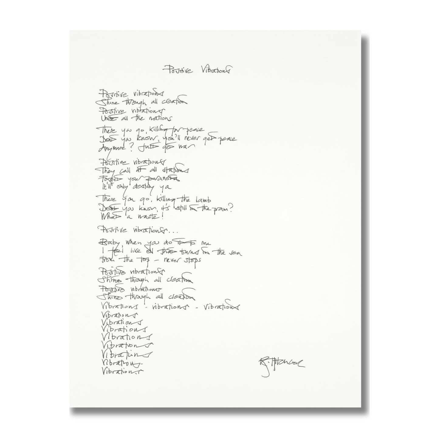 THE SOFT BOYS "POSITIVE VIBRATIONS" HANDWRITTEN LYRICS