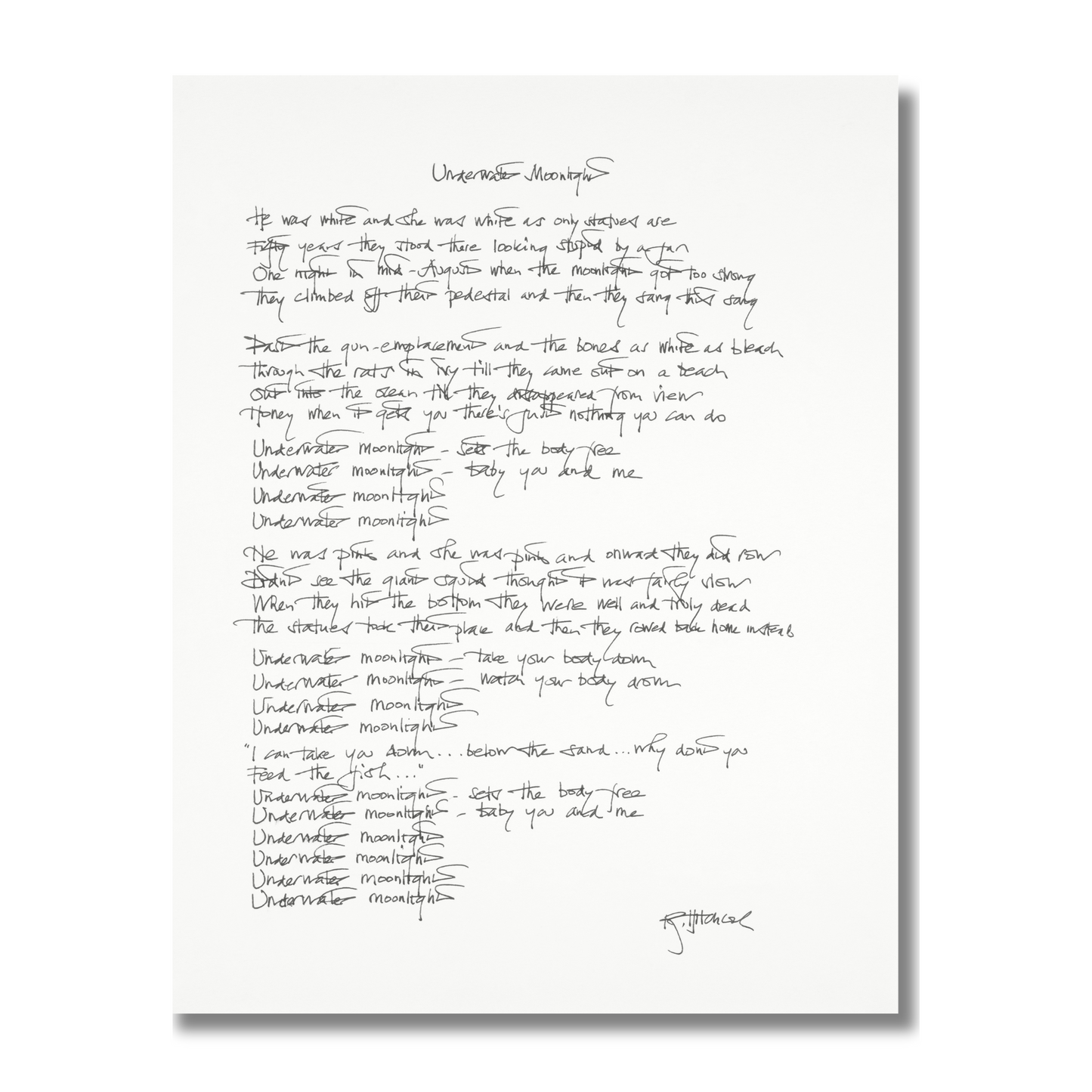 THE SOFT BOYS "UNDERWATER MOONLIGHT" HANDWRITTEN LYRICS