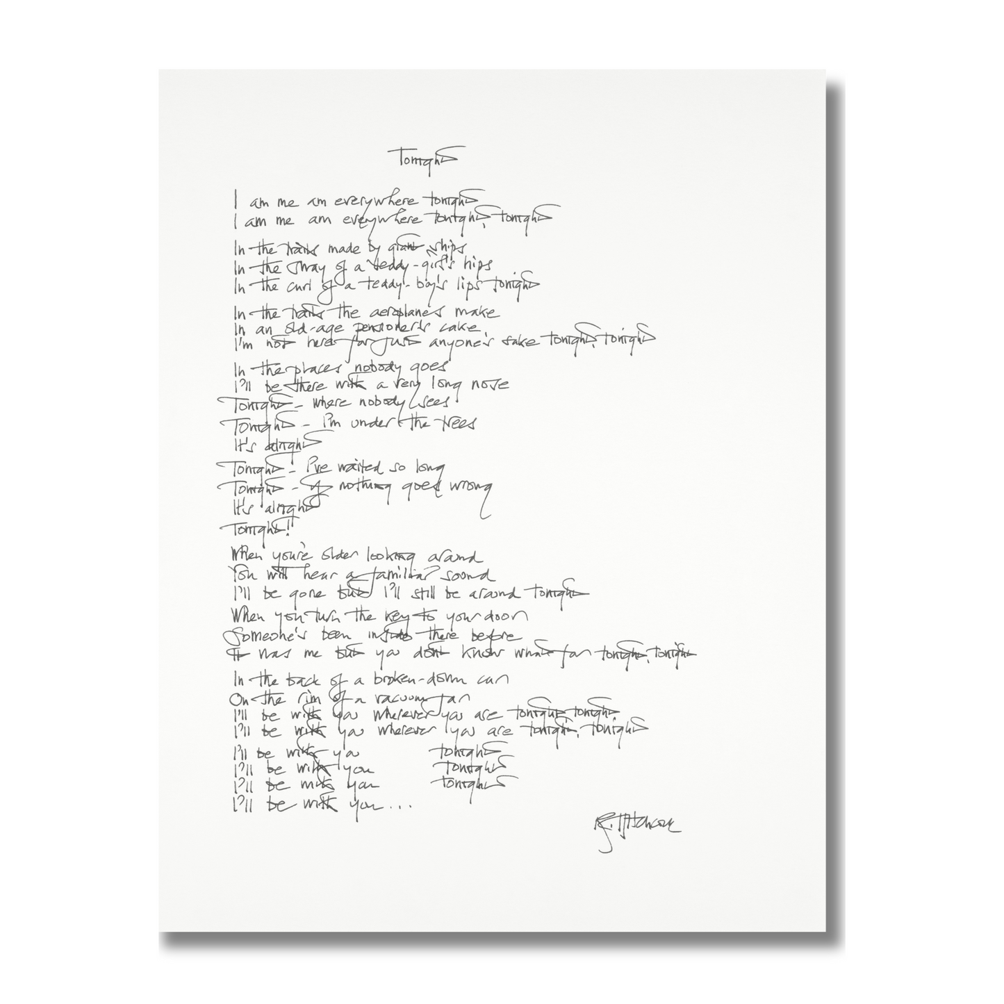 THE SOFT BOYS "TONIGHT" HANDWRITTEN LYRICS