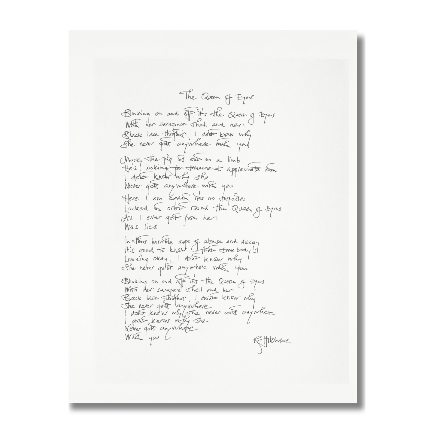 THE SOFT BOYS "QUEEN OF EYES" HANDWRITTEN LYRICS